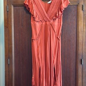 Baltic Born Orange Pink Maxi Dress with Ruffled V-Neck